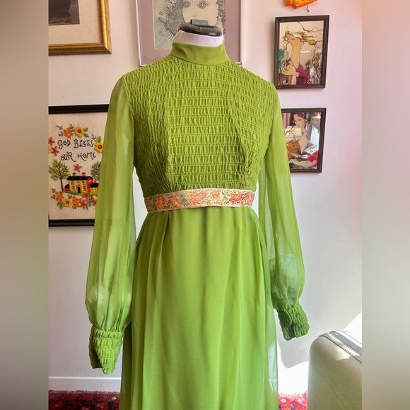 1970s Chartreuse Chiffon Victorian Medieval Revival Maxi Dress Gown - Picture 1 of 9